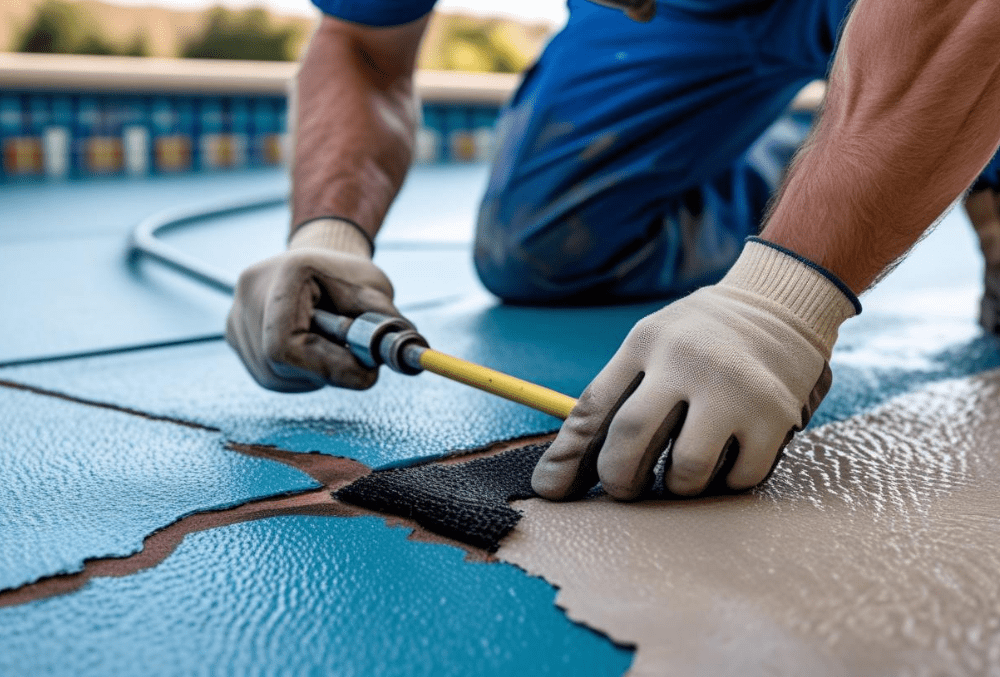 Contractor repairing cracked pool surface with epoxy coating tools