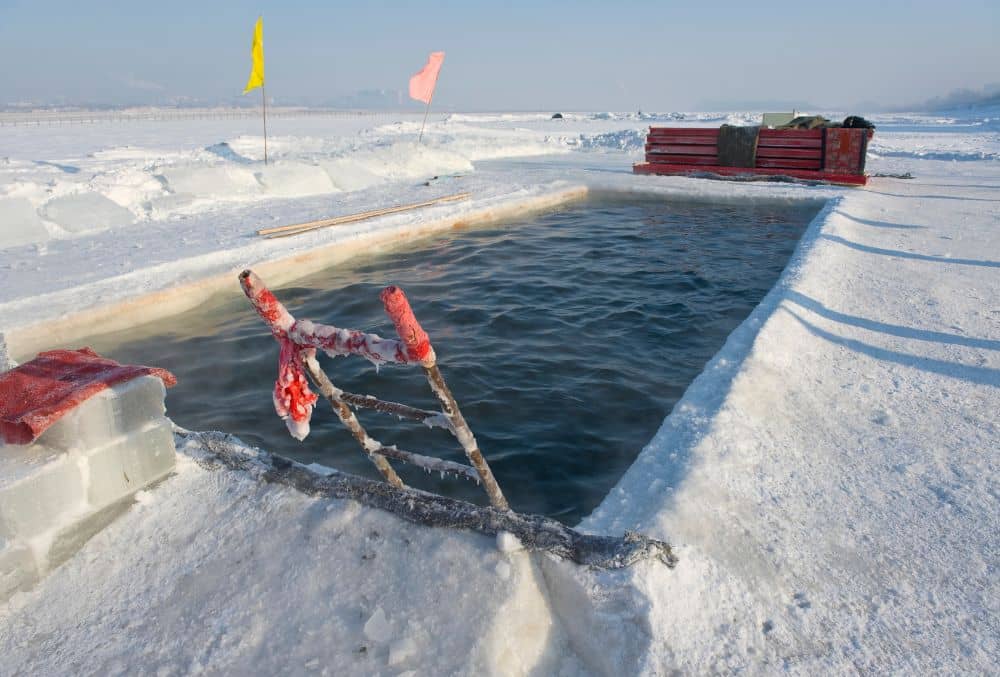 Small rectangular pool outside freezing temperature