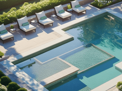 1(18) Modern swimming pool with lounge chairs and surrounding greenery