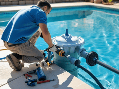 Expert pool plumbing repair and maintenance services echnician performing pool plumbing repair beside a swimming pool with filter system and tools