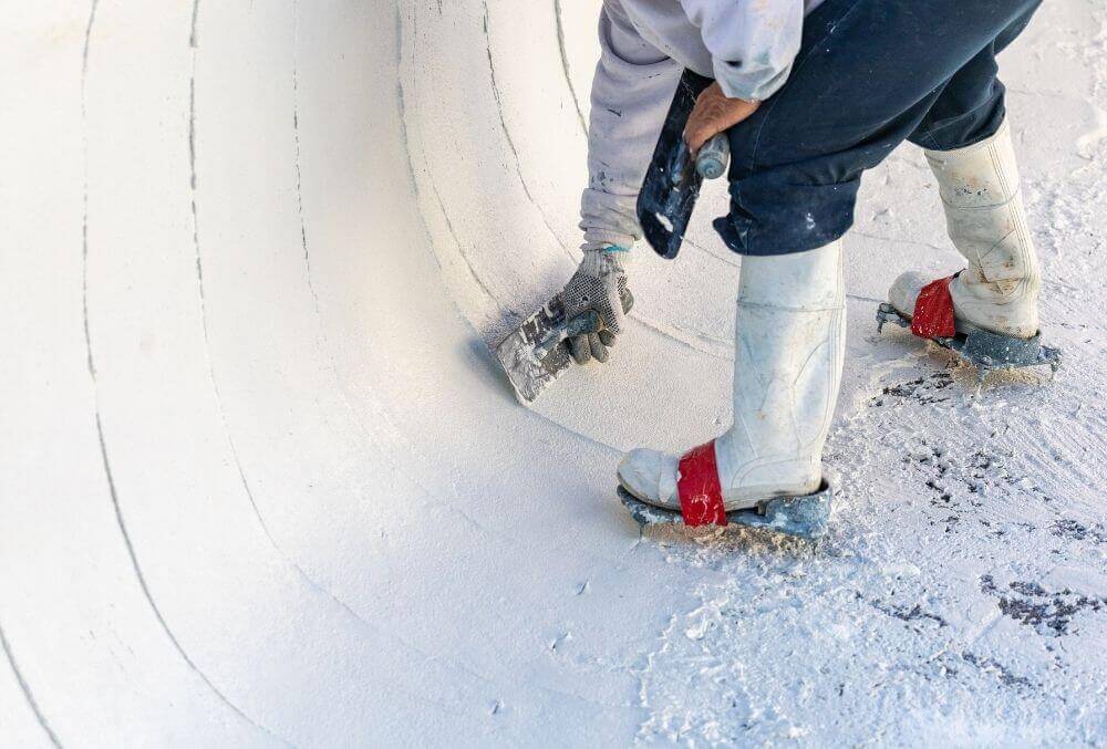 Worker applying white marble plaster for pool resurfacing