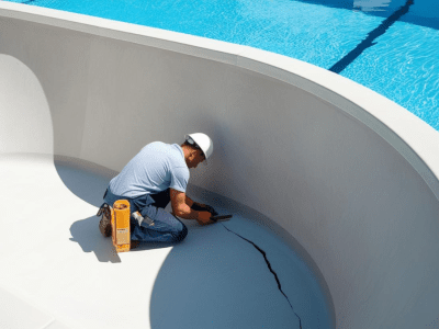 Concrete contractor repairing cracks on a pool Concrete contractor repairing cracks on a concrete swimming pool surface