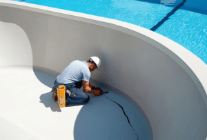Concrete contractor repairing cracks on a concrete swimming pool surface
