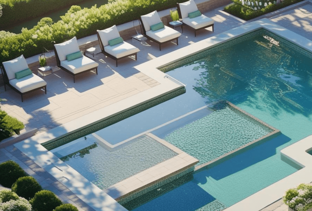 Modern swimming pool with lounge chairs and surrounding greenery