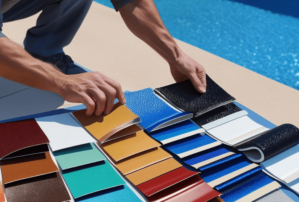 Man selecting pool coating samples beside swimming pool