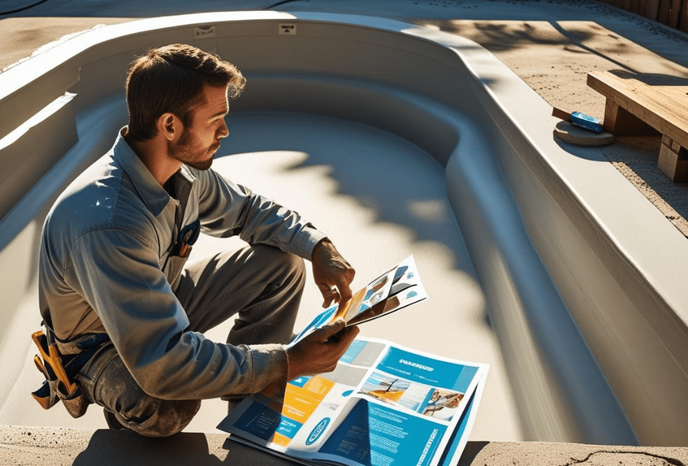 Contractor choosing pool coating options in empty swimming pool