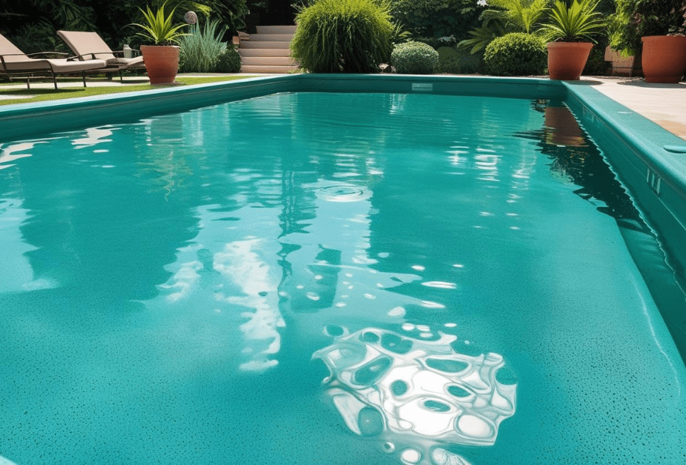 Epoxy-coated swimming pool with loungers and potted plants