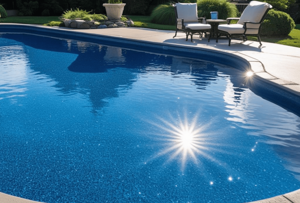 Backyard pool with white cushioned chairs and decorative landscaping
