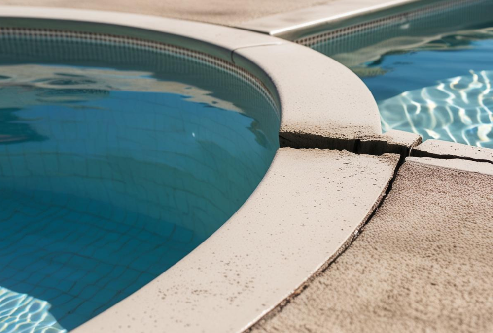 cracks and spalling damage on the surface of a concrete swimming pool