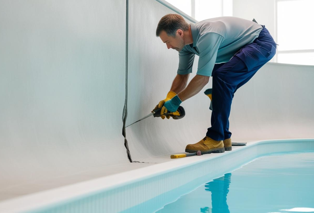 contractor fixing cracks on the concrete swimming pools using tools