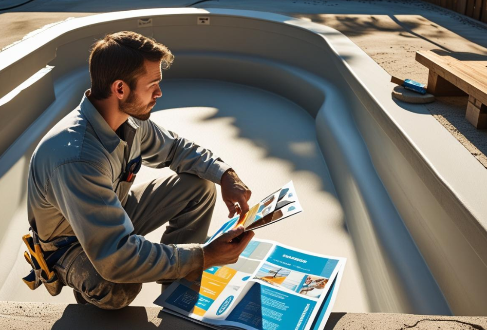 Contractor choosing pool coating options in empty swimming pool