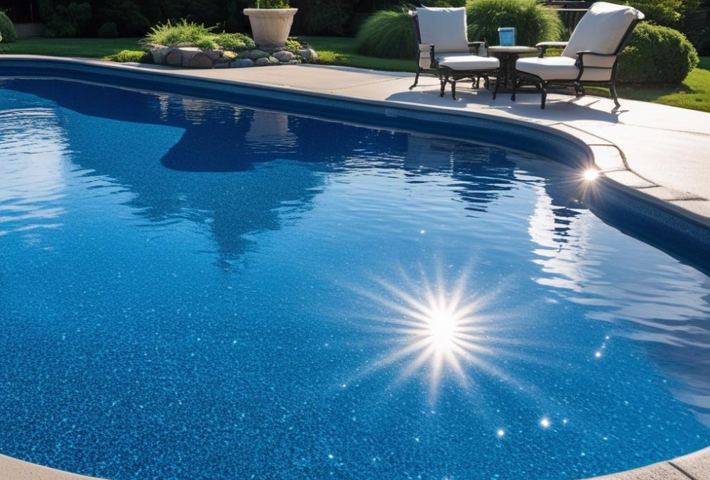 Backyard pool with white cushioned chairs and decorative landscaping